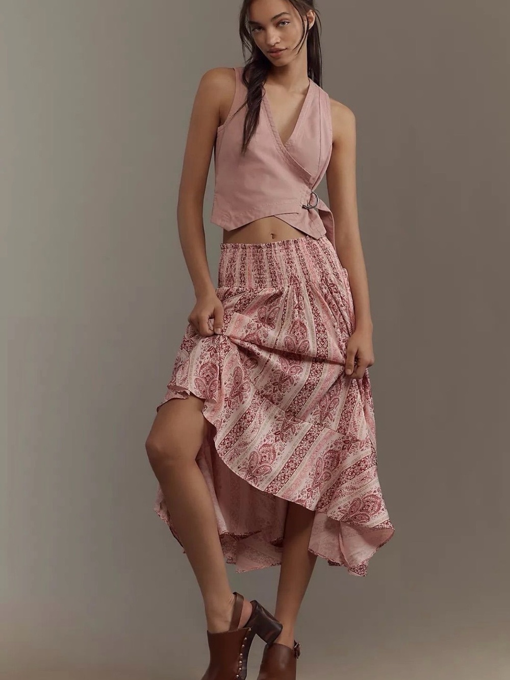 #327-Anthropologie Dusty Pink Paisley High-Low Tiered Maxi Skirt